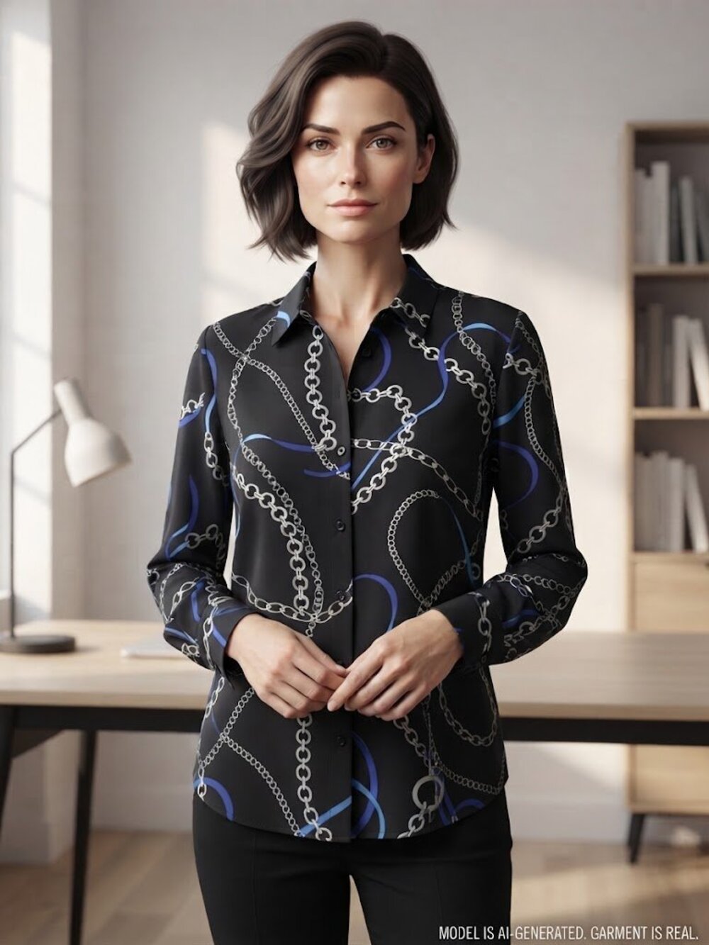 Chelsea & Theodore Black Blue Chain Link Print Long Sleeve Button Down Blouse